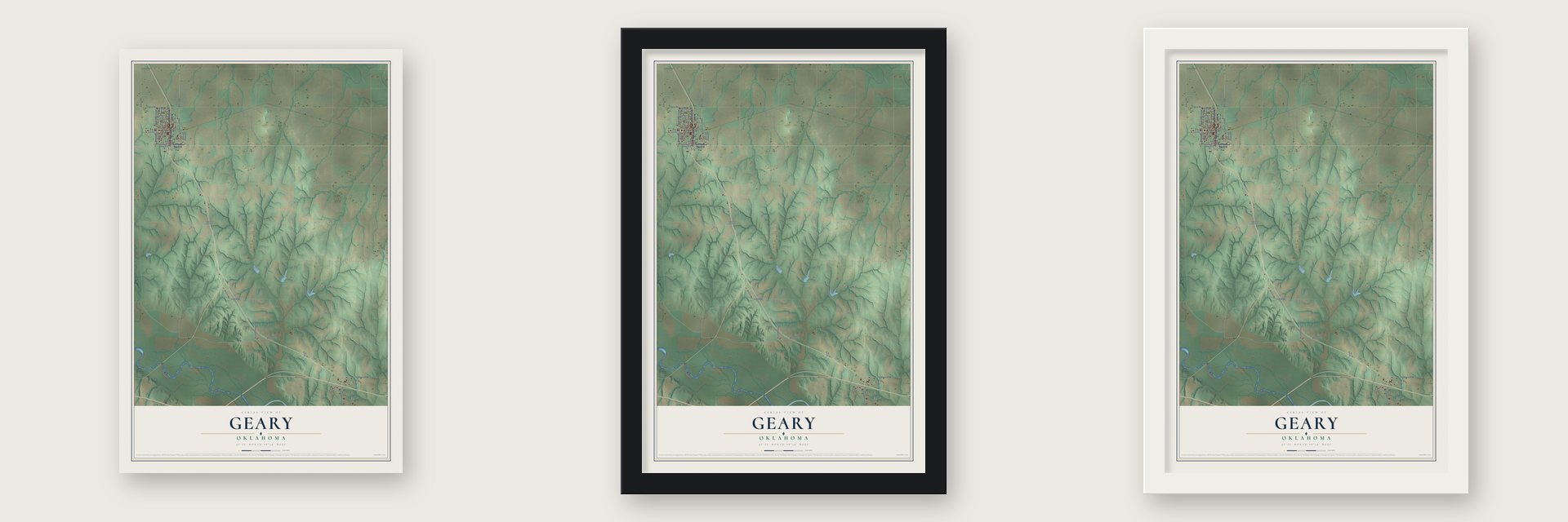 Geary, Oklahoma map unframed, in a black wood frame and in a white wood frame