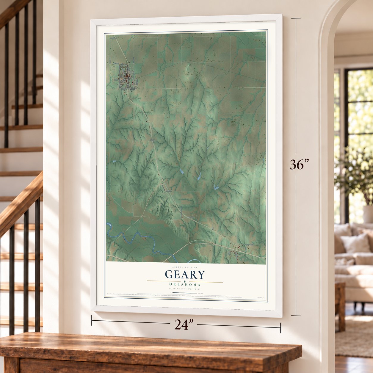 Geary, Oklahoma map, 24 x 36 inch print in a white frame by a staircase