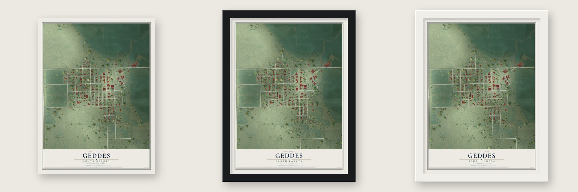 Geddes, South Dakota map unframed, in a black wood frame and in a white wood frame