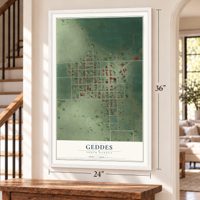 Geddes, South Dakota map, 24 x 36 inch print in a white frame by a staircase