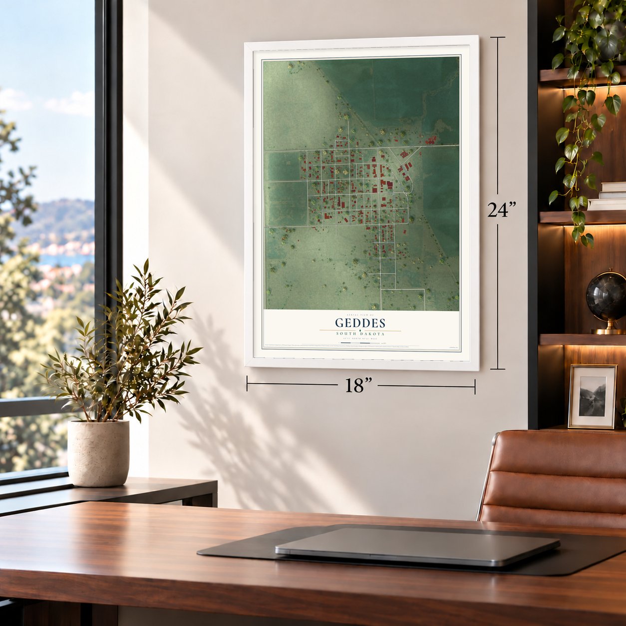 Geddes, South Dakota map, 18 x 24 inch print in a white frame in a home office