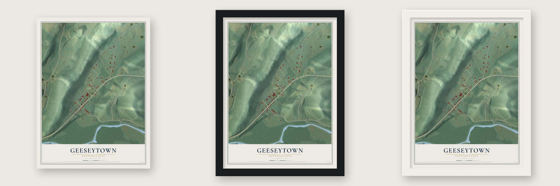 Geeseytown, Pennsylvania map unframed, in a black wood frame and in a white wood frame