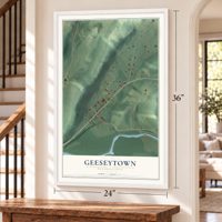 Geeseytown, Pennsylvania map, 24 x 36 inch print in a white frame by a staircase