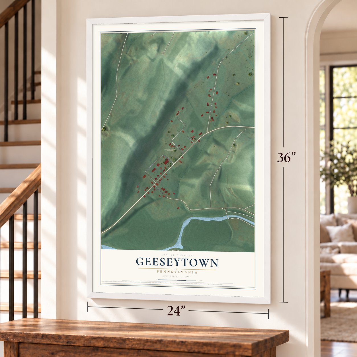 Geeseytown, Pennsylvania map, 24 x 36 inch print in a white frame by a staircase