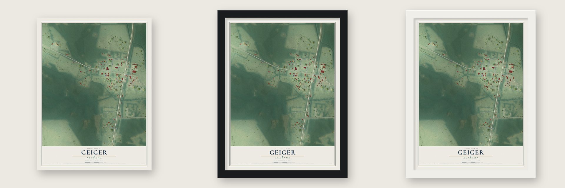 Geiger, Alabama map unframed, in a black wood frame and in a white wood frame