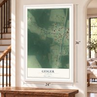 Geiger, Alabama map, 24 x 36 inch print in a white frame by a staircase