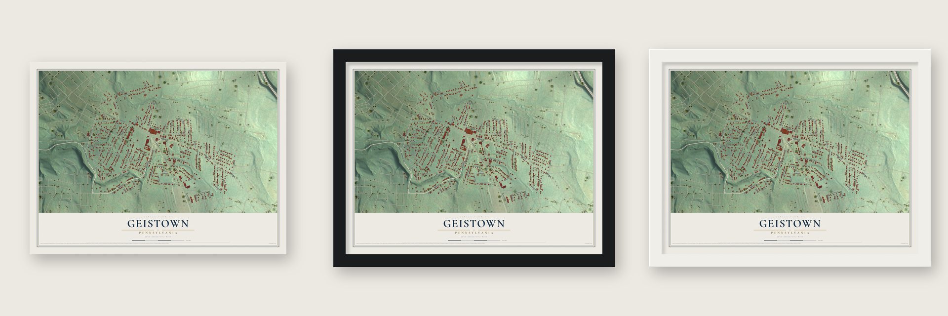 Geistown, Pennsylvania map unframed, in a black wood frame and in a white wood frame