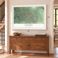 Geistown, Pennsylvania map, 24 x 36 inch print in a white frame above a dresser by a staircase