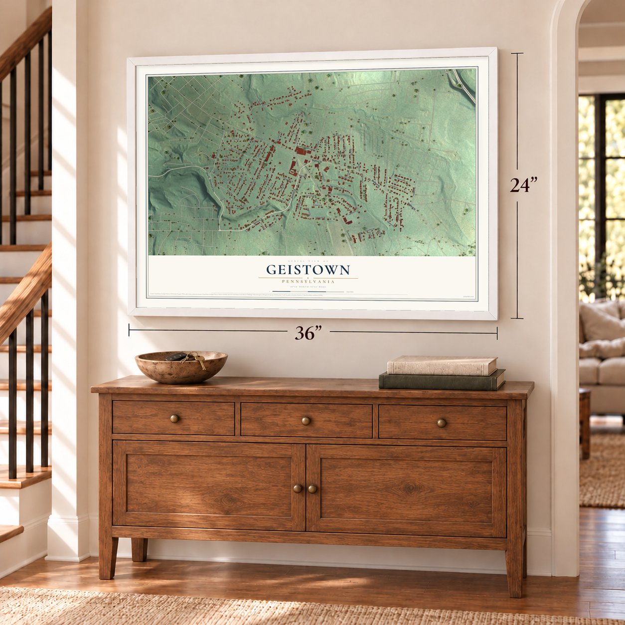 Geistown, Pennsylvania map, 24 x 36 inch print in a white frame above a dresser by a staircase