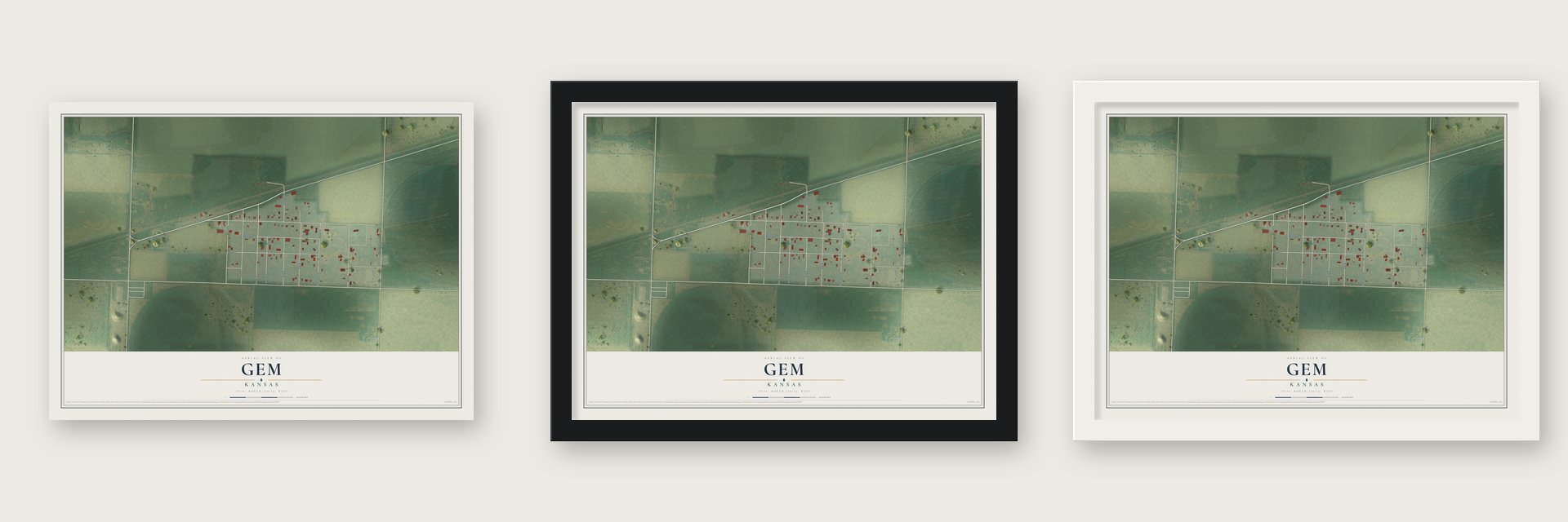 Gem, Kansas map unframed, in a black wood frame and in a white wood frame