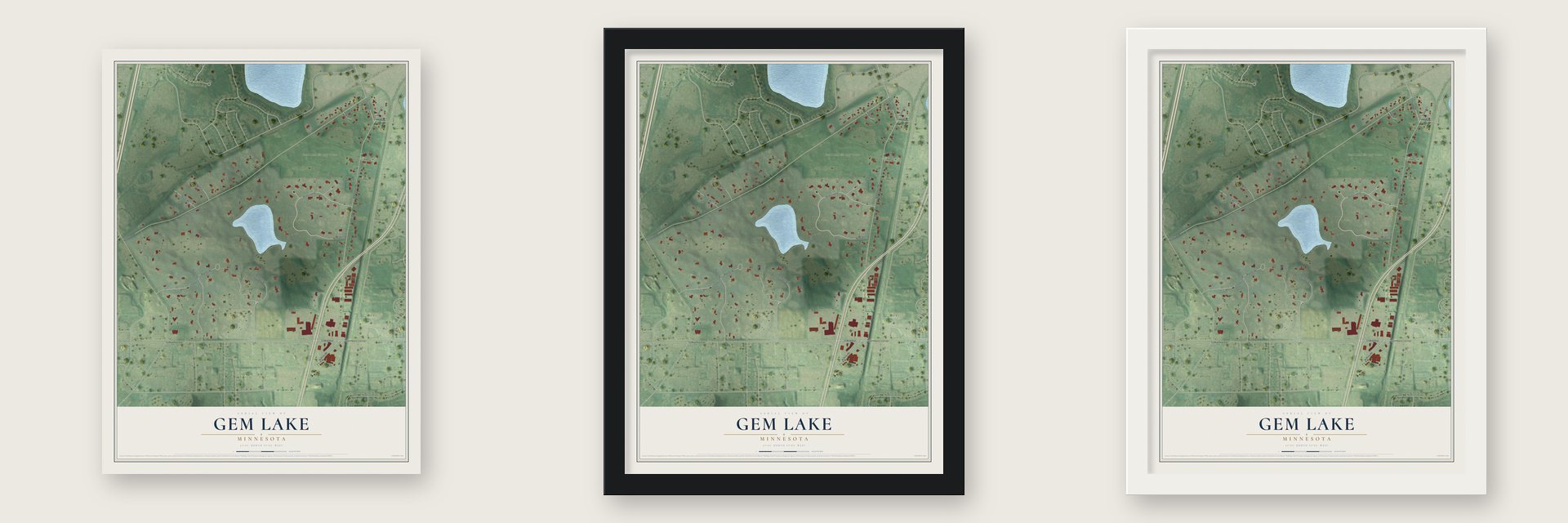 Gem Lake, Minnesota map unframed, in a black wood frame and in a white wood frame