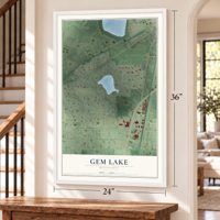 Gem Lake, Minnesota map, 24 x 36 inch print in a white frame by a staircase