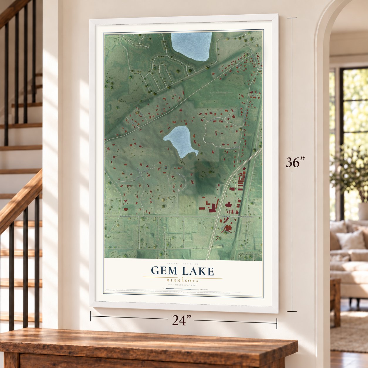 Gem Lake, Minnesota map, 24 x 36 inch print in a white frame by a staircase