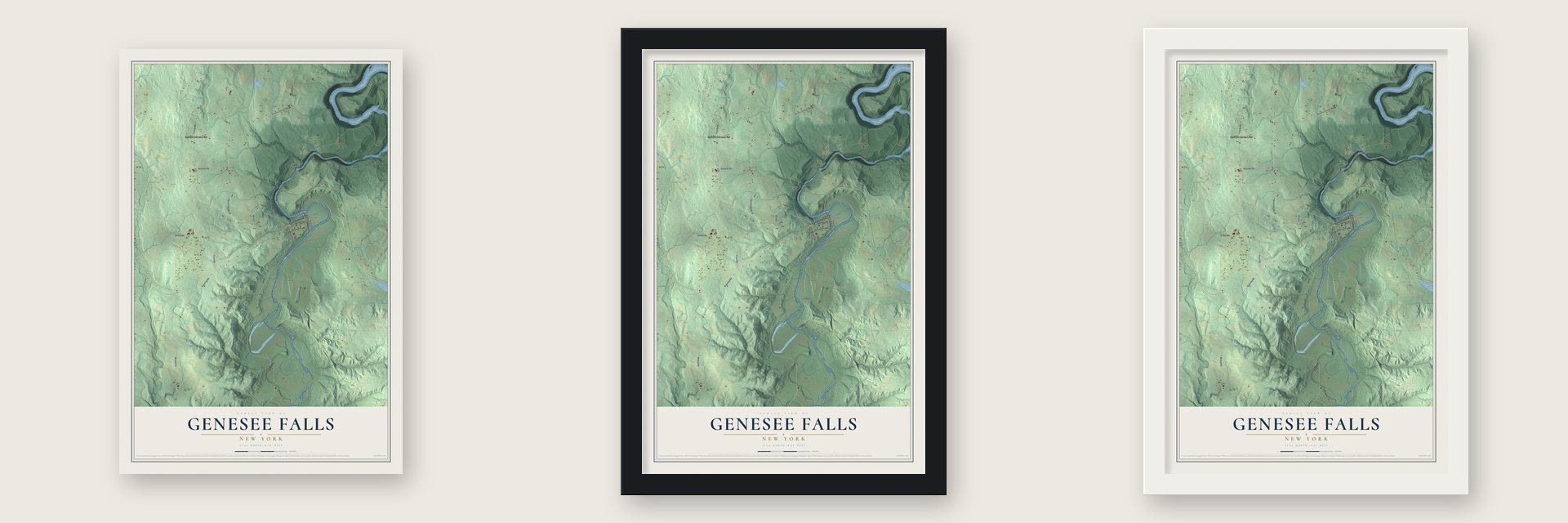 Genesee Falls, New York map unframed, in a black wood frame and in a white wood frame