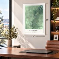 Genesee Falls, New York map, 18 x 24 inch print in a white frame in a home office