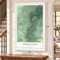Genesee Falls, New York map, 24 x 36 inch print in a white frame by a staircase