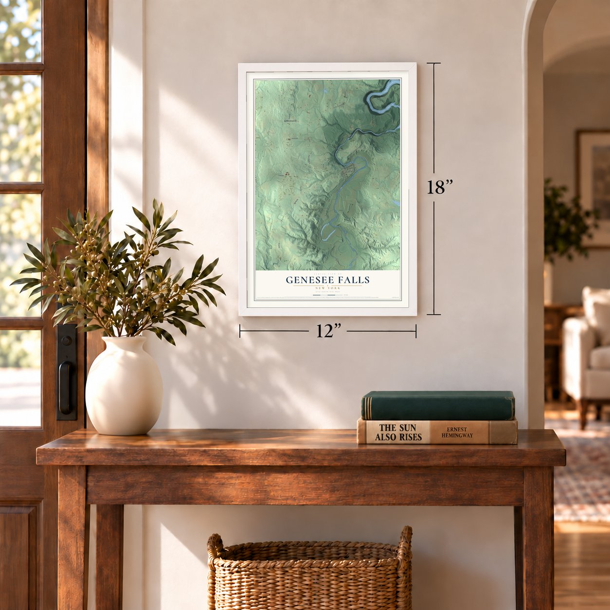 Genesee Falls, New York map, 12 x 18 inch print in a white frame in an entryway