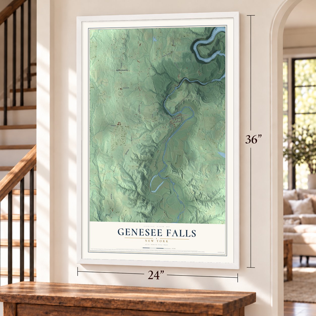 Genesee Falls, New York map, 24 x 36 inch print in a white frame by a staircase