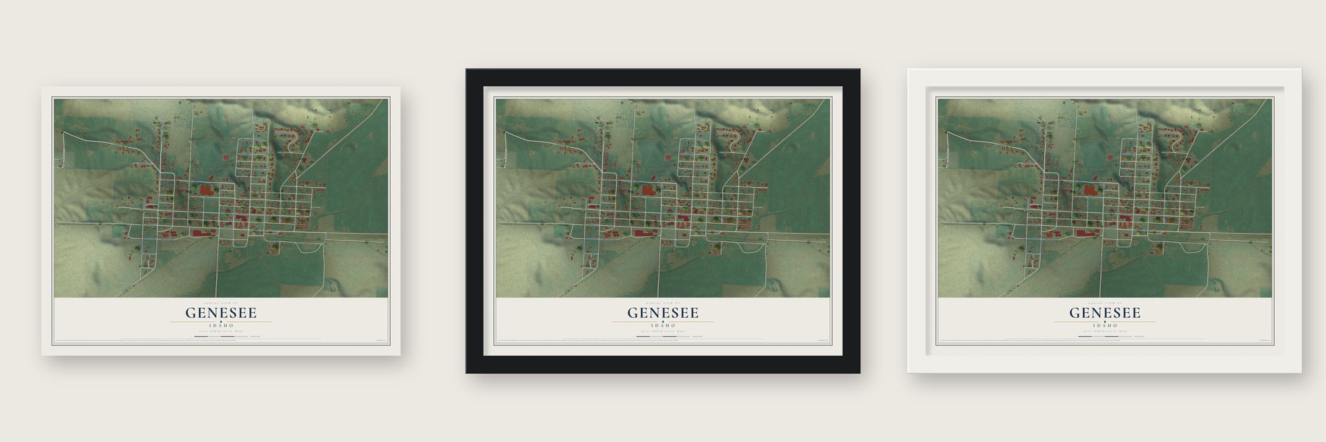 Genesee, Idaho map unframed, in a black wood frame and in a white wood frame