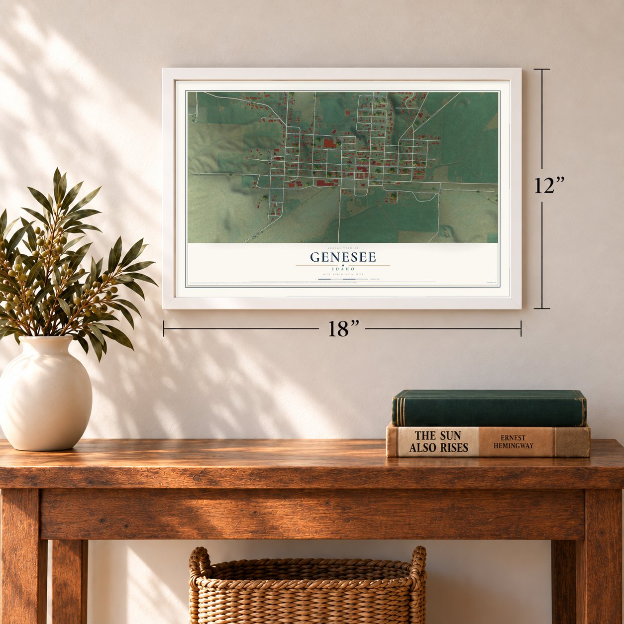 Genesee, Idaho map, 12 x 18 inch print in a white frame in an entryway