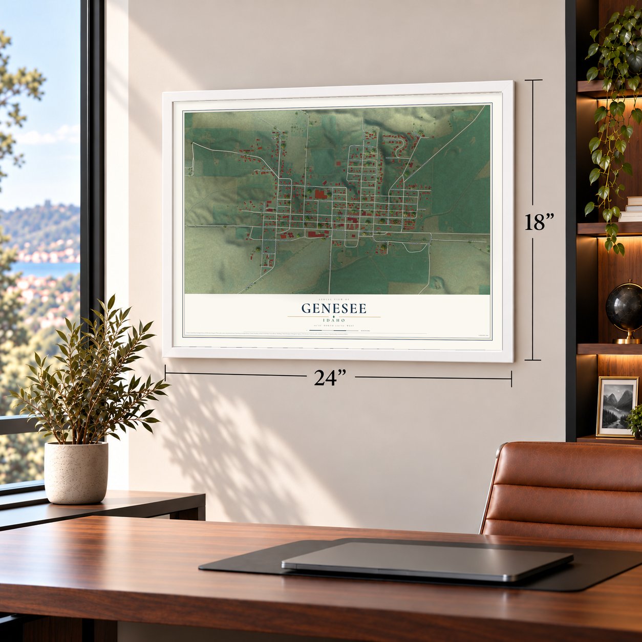 Genesee, Idaho map, 18 x 24 inch print in a white frame in a home office