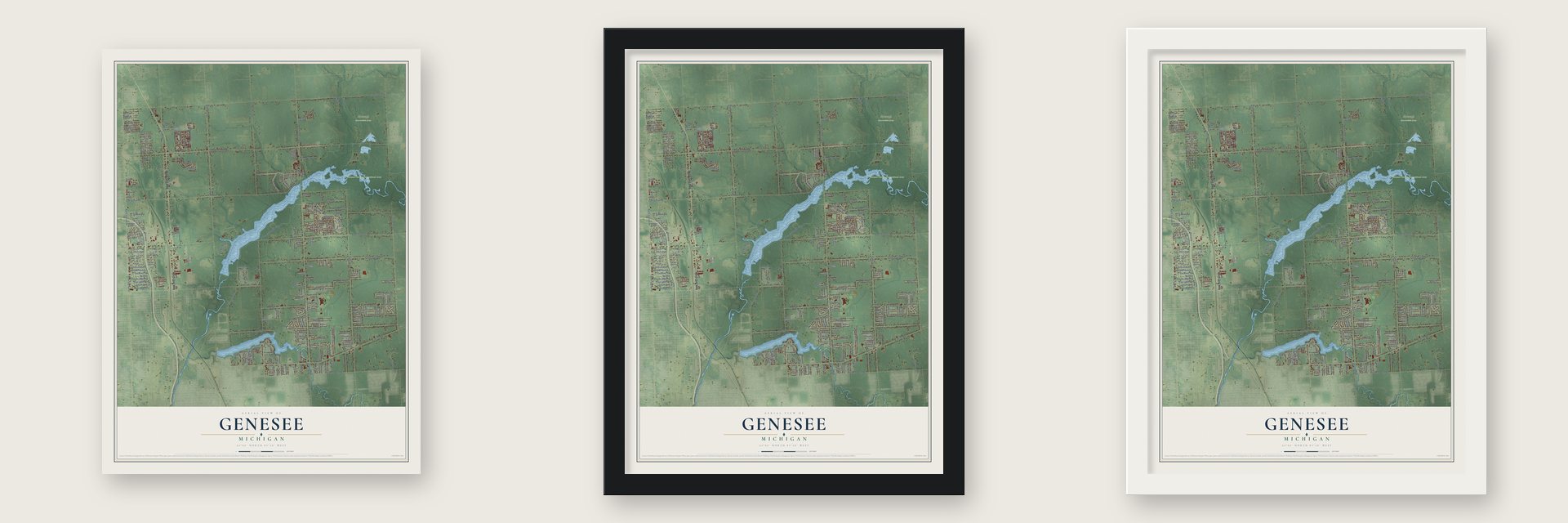 Genesee, Michigan map unframed, in a black wood frame and in a white wood frame