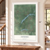 Genesee, Michigan map, 24 x 36 inch print in a white frame by a staircase