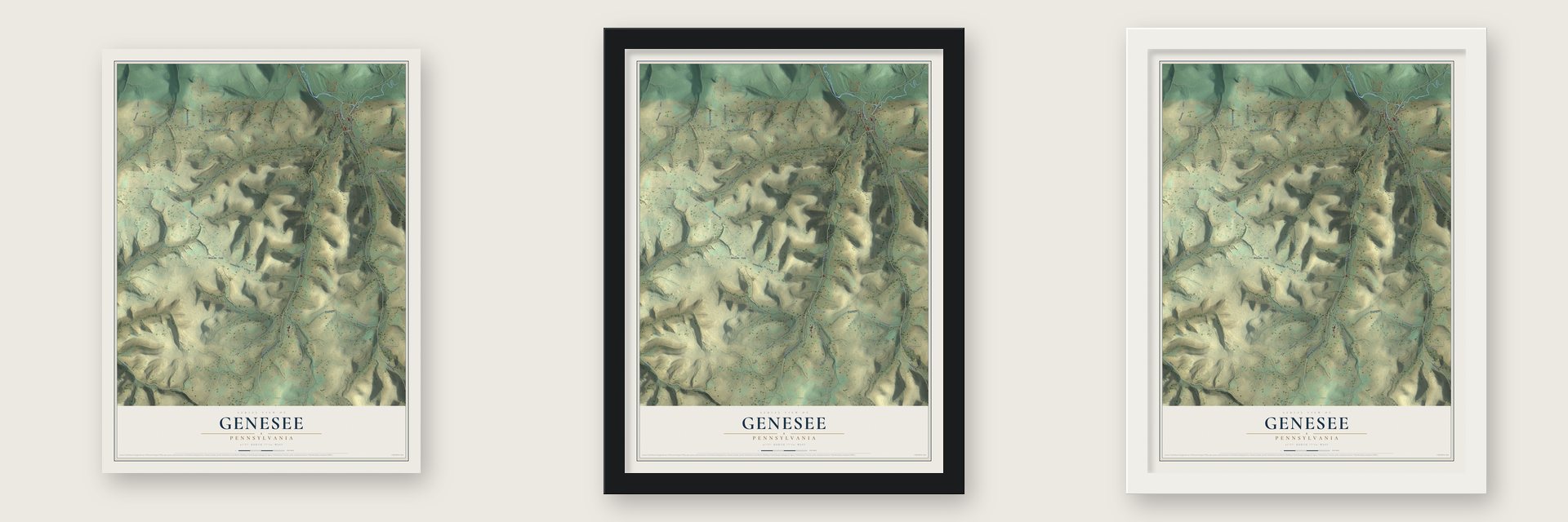 Genesee, Pennsylvania map unframed, in a black wood frame and in a white wood frame