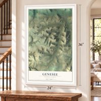 Genesee, Pennsylvania map, 24 x 36 inch print in a white frame by a staircase