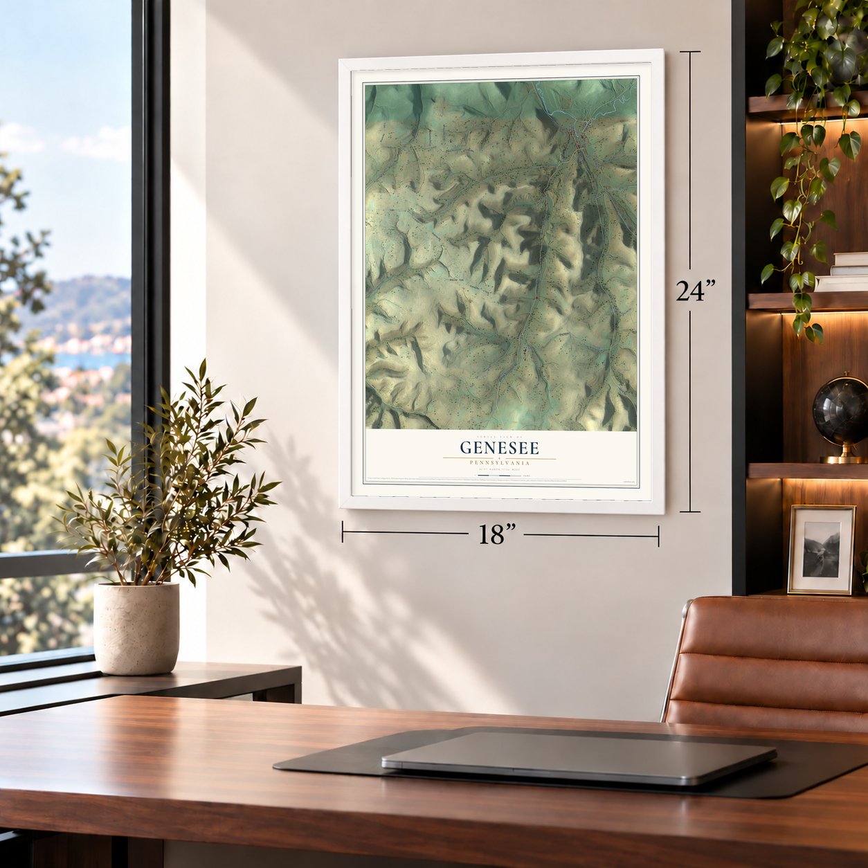 Genesee, Pennsylvania map, 18 x 24 inch print in a white frame in a home office