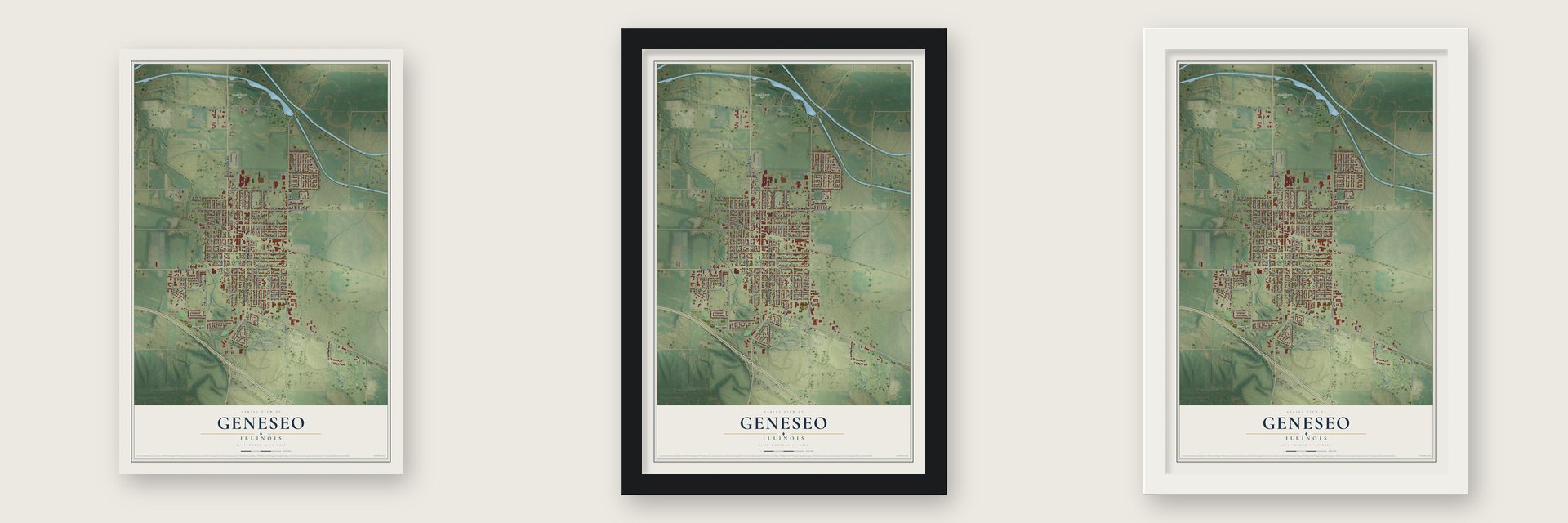 Geneseo, Illinois map unframed, in a black wood frame and in a white wood frame