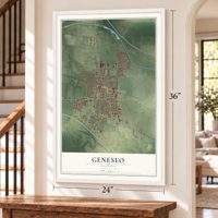Geneseo, Illinois map, 24 x 36 inch print in a white frame by a staircase
