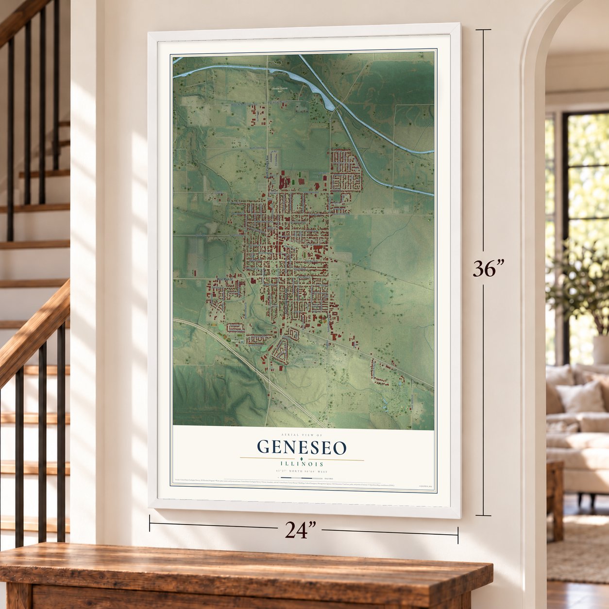 Geneseo, Illinois map, 24 x 36 inch print in a white frame by a staircase