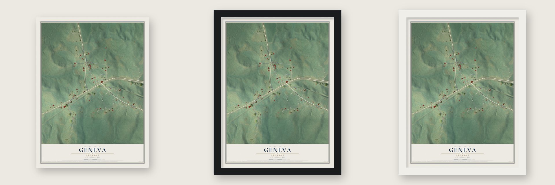Geneva, Georgia map unframed, in a black wood frame and in a white wood frame