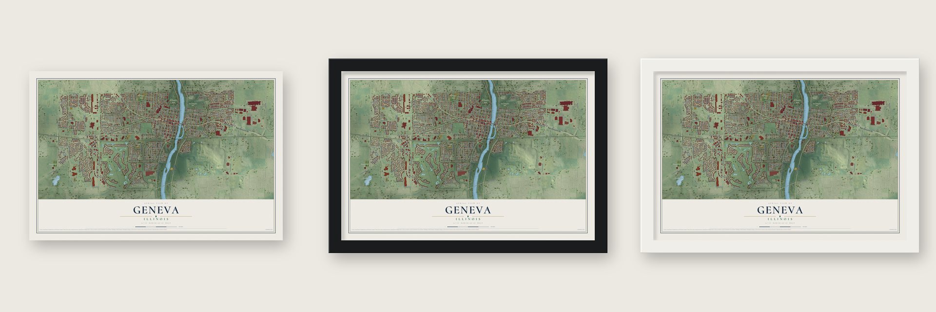 Geneva, Illinois map unframed, in a black wood frame and in a white wood frame
