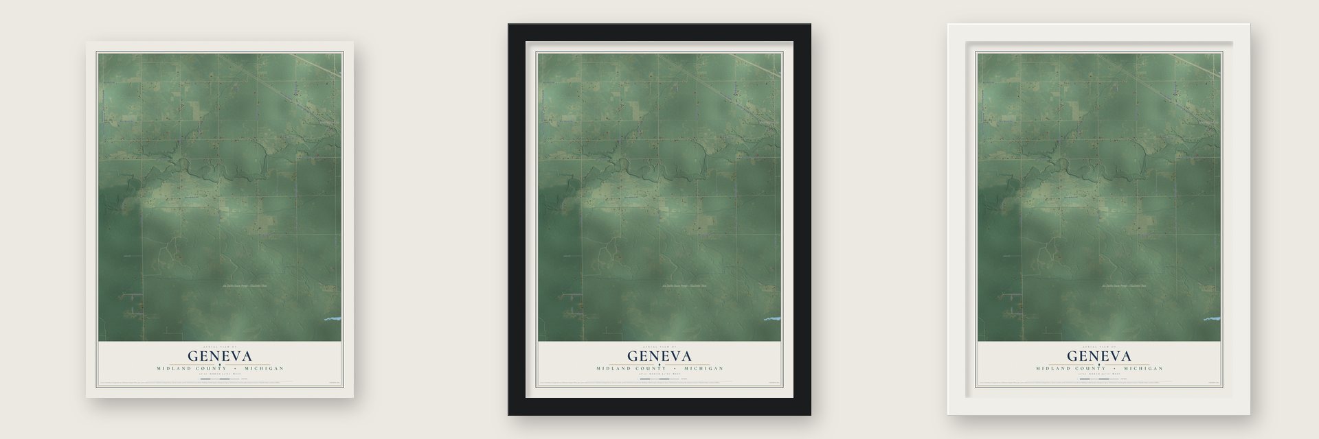 Geneva, Midland County, Michigan map unframed, in a black wood frame and in a white wood frame