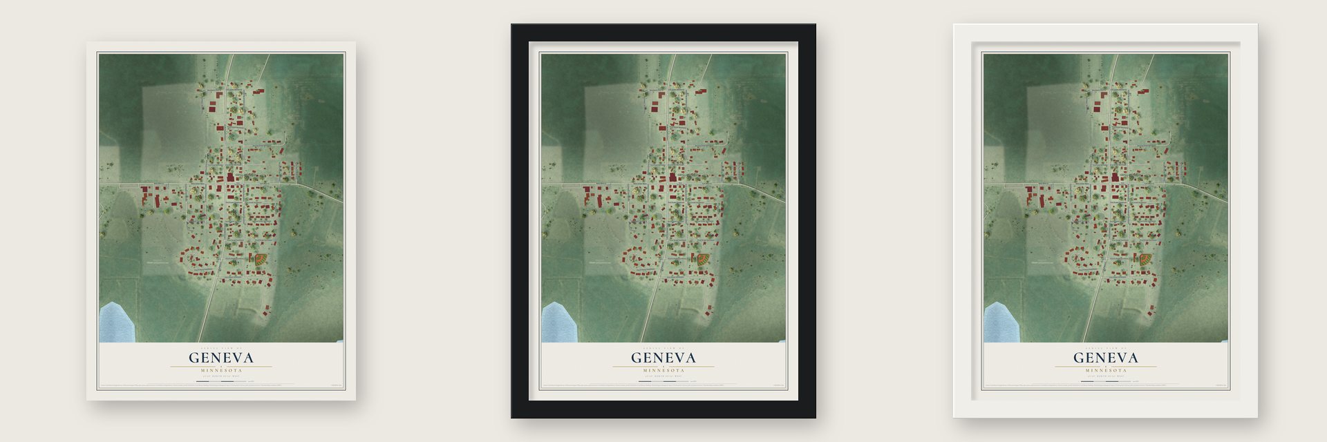 Geneva, Minnesota map unframed, in a black wood frame and in a white wood frame