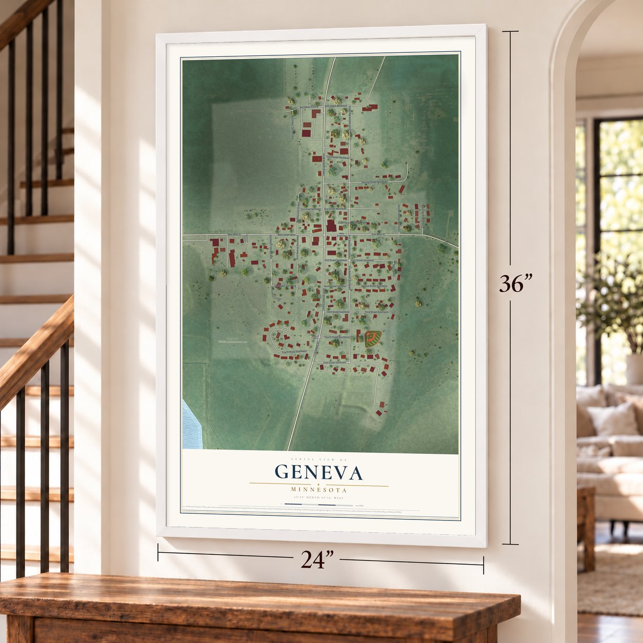 Geneva, Minnesota map, 24 x 36 inch print in a white frame by a staircase