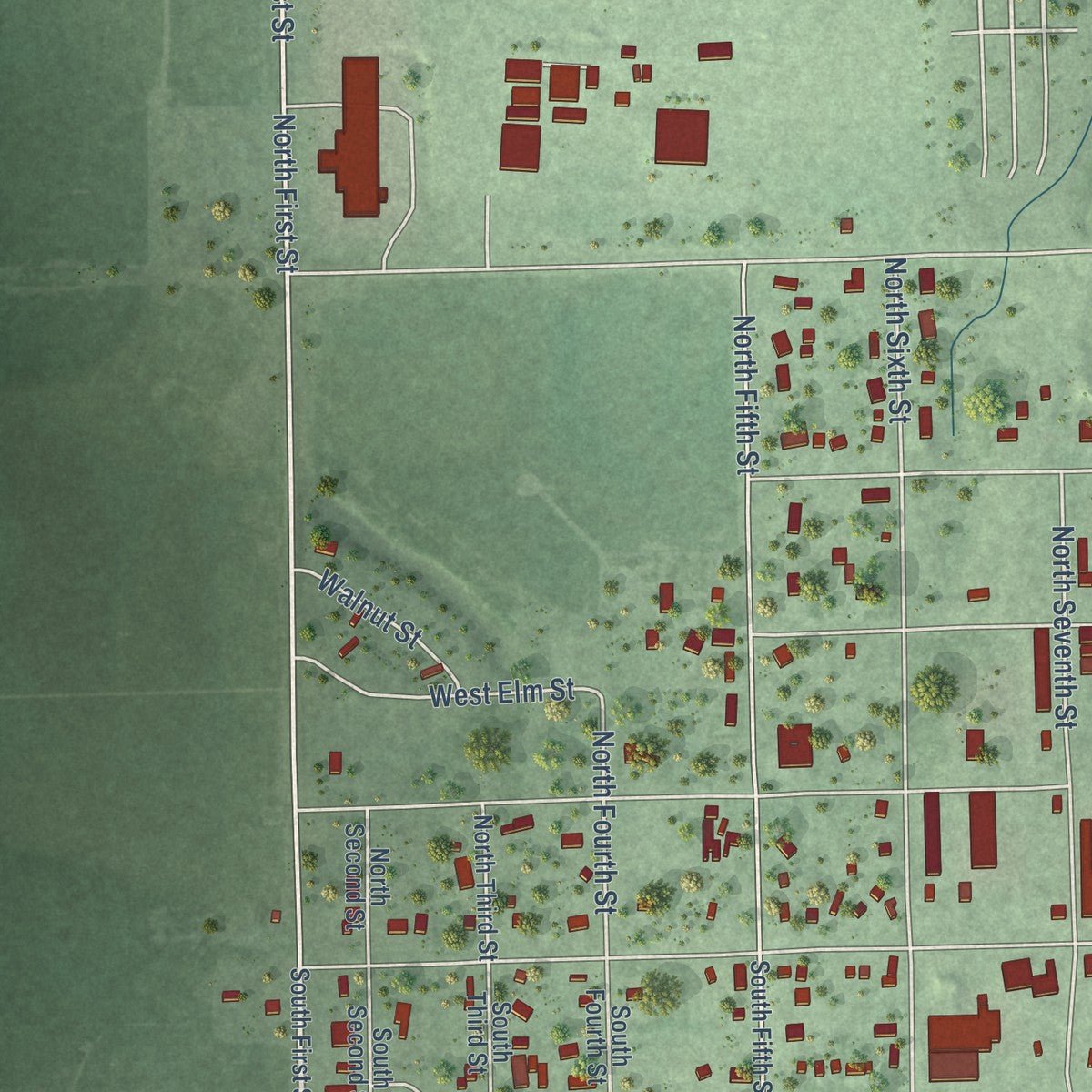 Second close-up of the map of Geneva, Nebraska print showing more streets and buildings