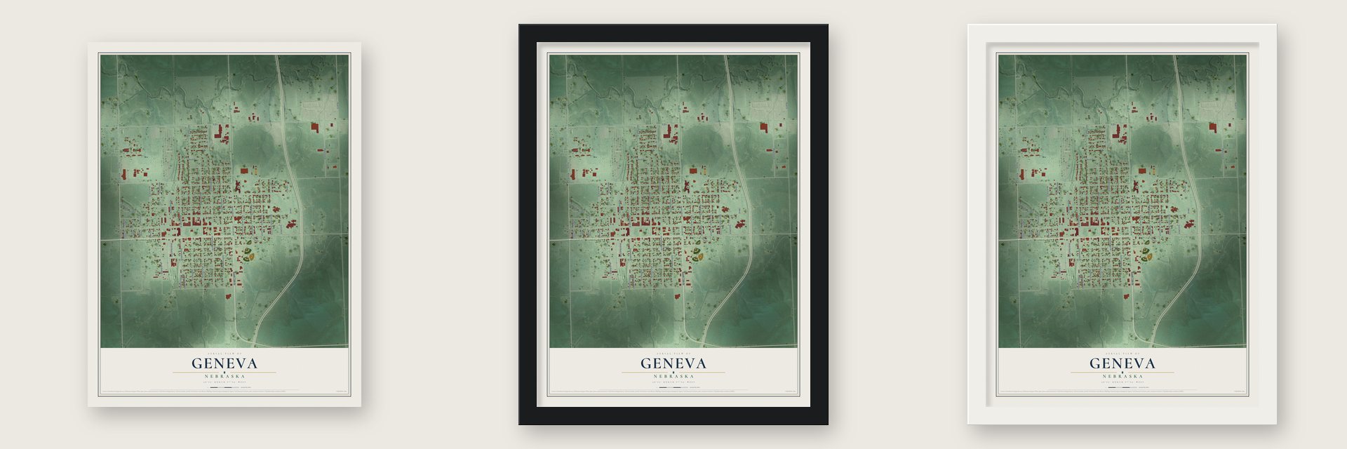 Geneva, Nebraska map unframed, in a black wood frame and in a white wood frame