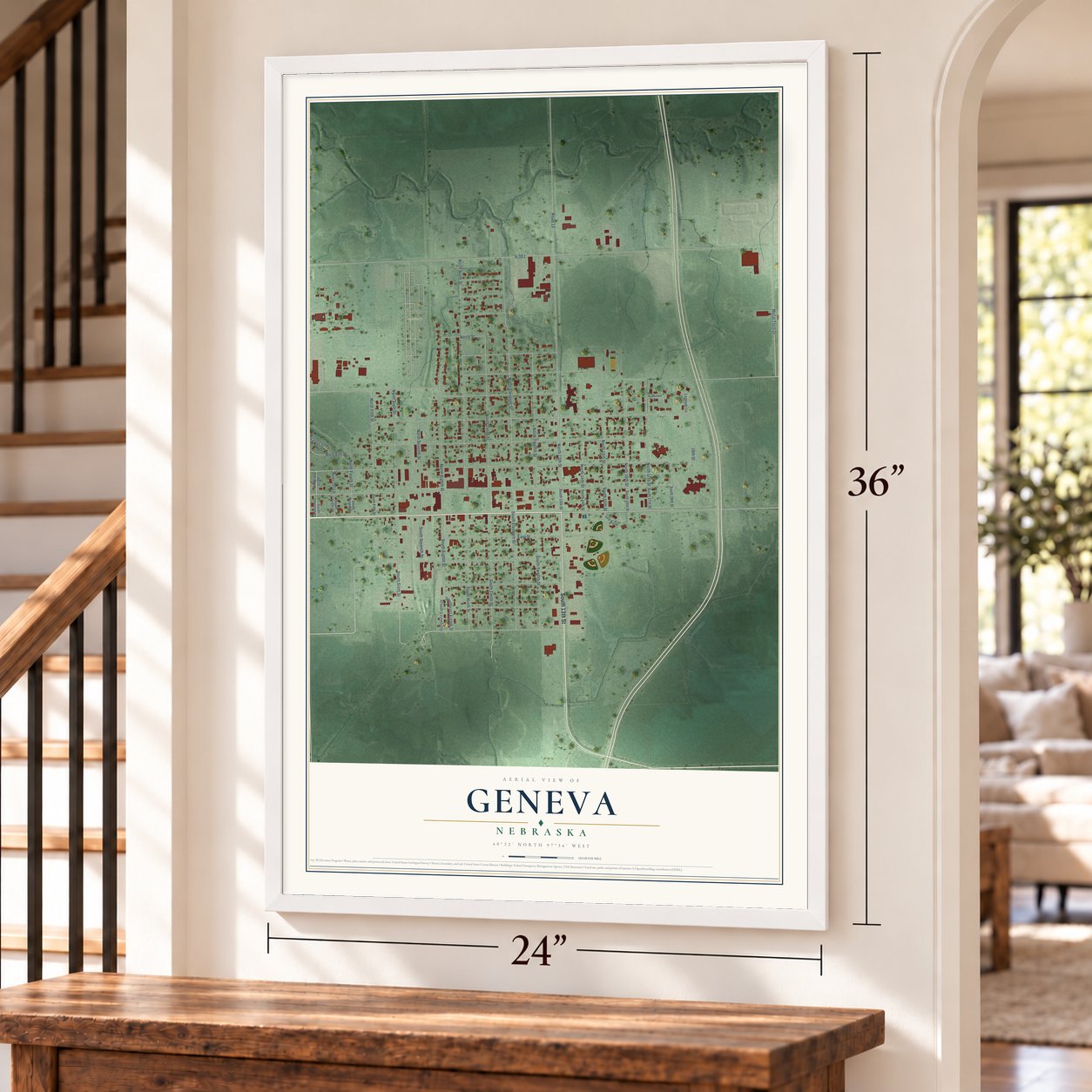 Geneva, Nebraska map, 24 x 36 inch print in a white frame by a staircase