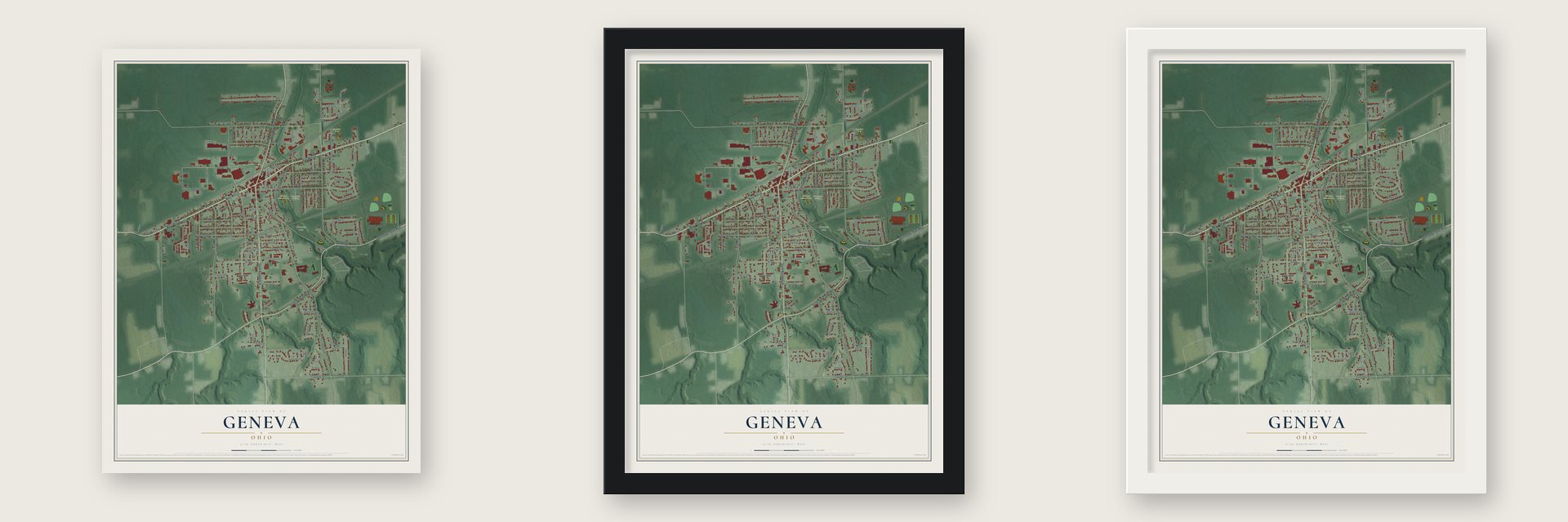 Geneva, Ohio map unframed, in a black wood frame and in a white wood frame