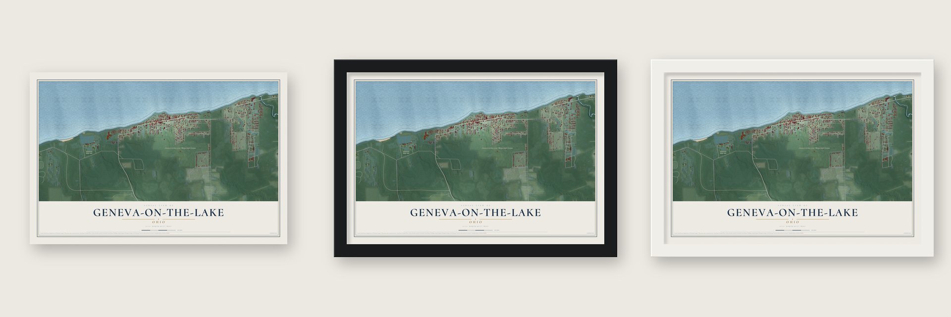 Geneva-on-the-Lake, Ohio map unframed, in a black wood frame and in a white wood frame