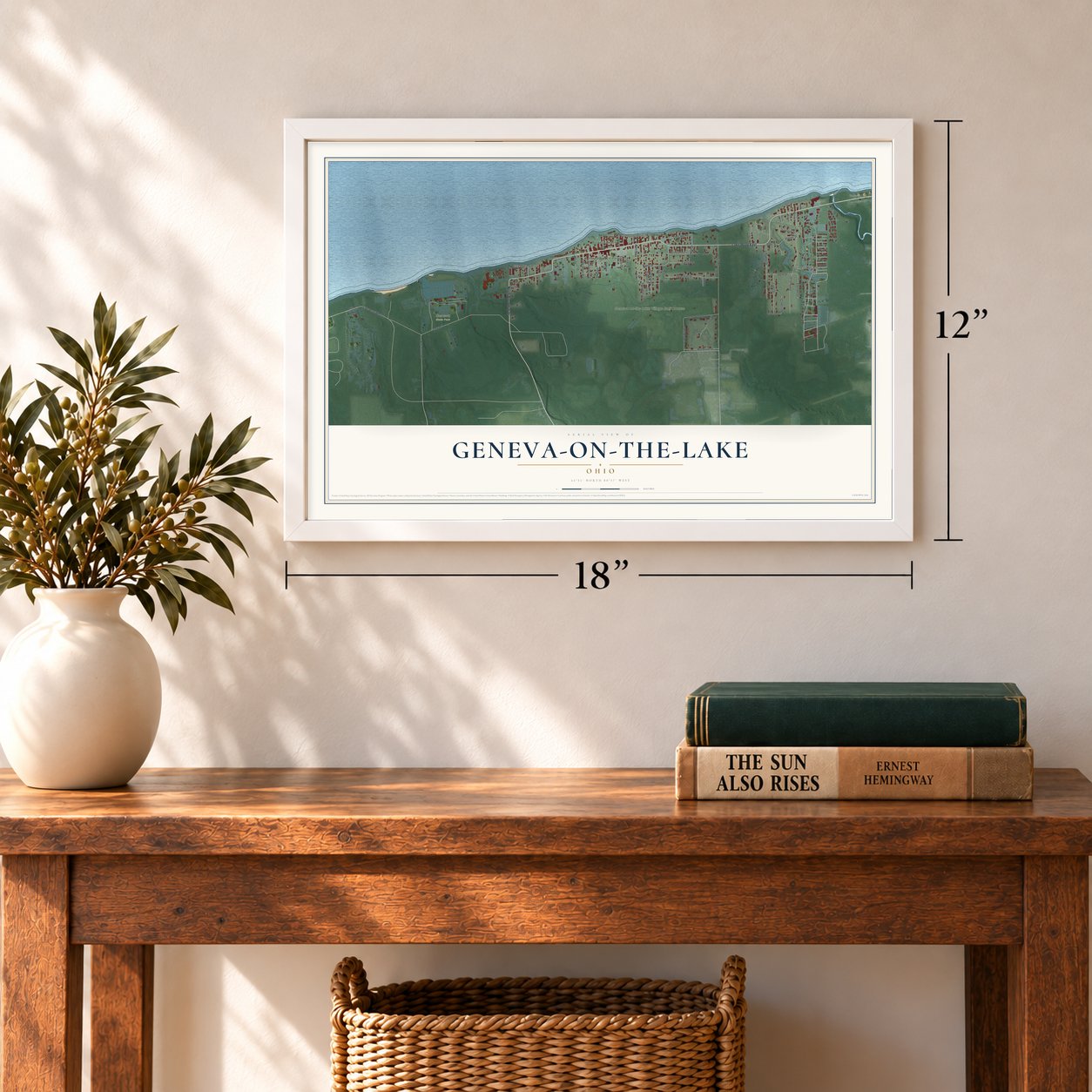 Geneva-on-the-Lake, Ohio map, 12 x 18 inch print in a white frame in an entryway