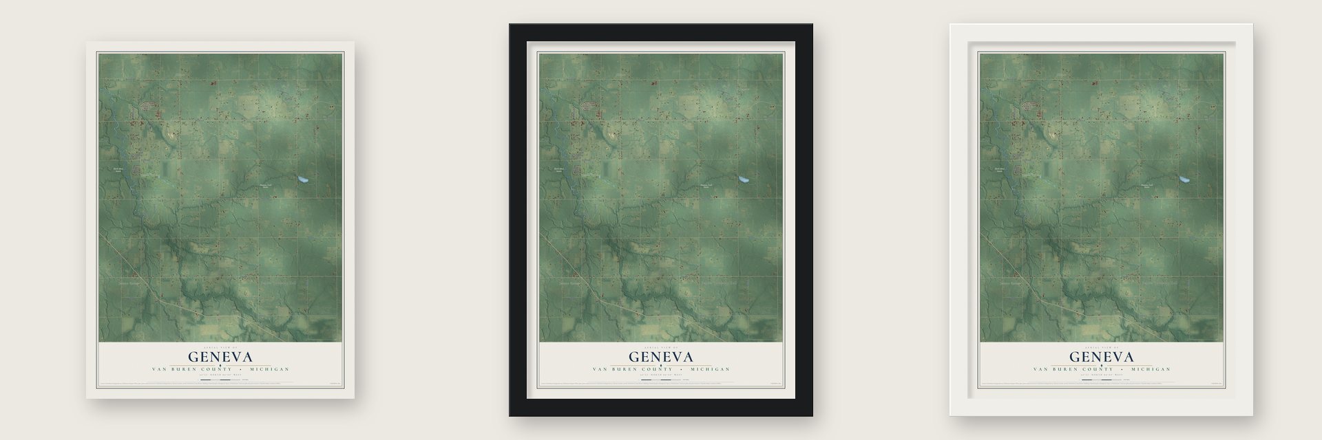 Geneva, Van Buren County, Michigan map unframed, in a black wood frame and in a white wood frame