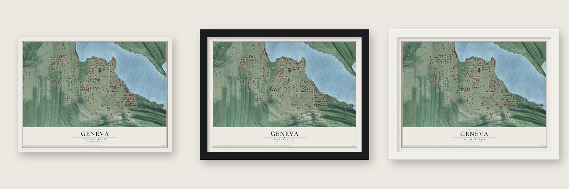 Geneva, Washington map unframed, in a black wood frame and in a white wood frame