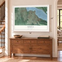 Geneva, Washington map, 24 x 36 inch print in a white frame above a dresser by a staircase