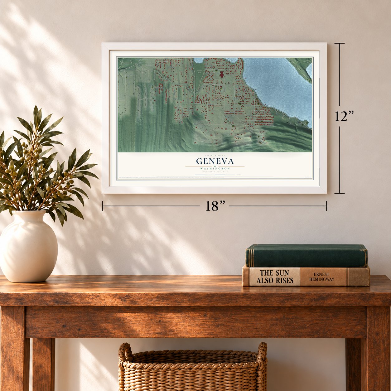 Geneva, Washington map, 12 x 18 inch print in a white frame in an entryway