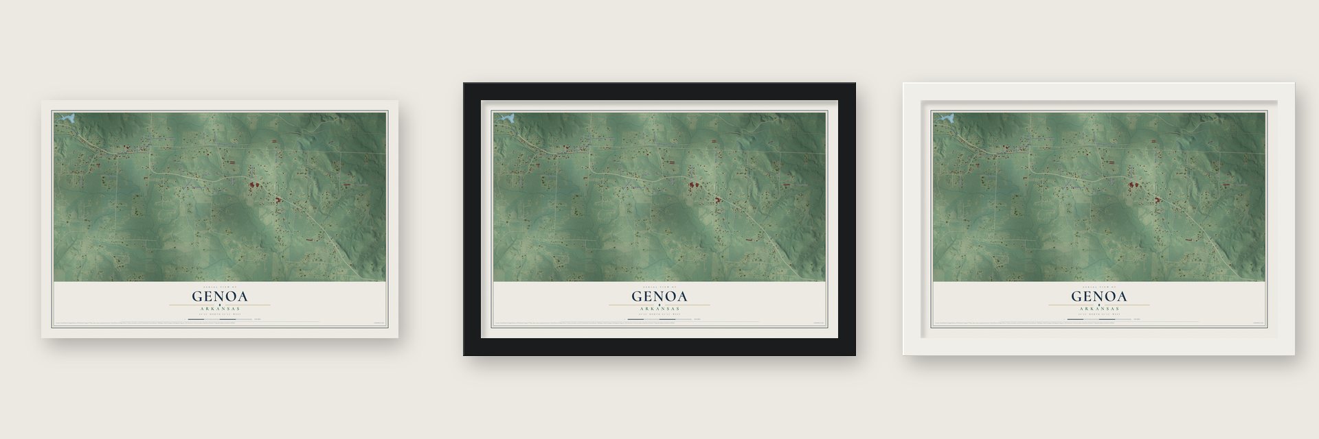 Genoa, Arkansas map unframed, in a black wood frame and in a white wood frame