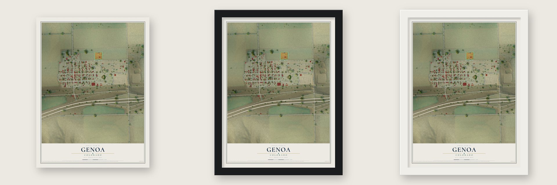 Genoa, Colorado map unframed, in a black wood frame and in a white wood frame